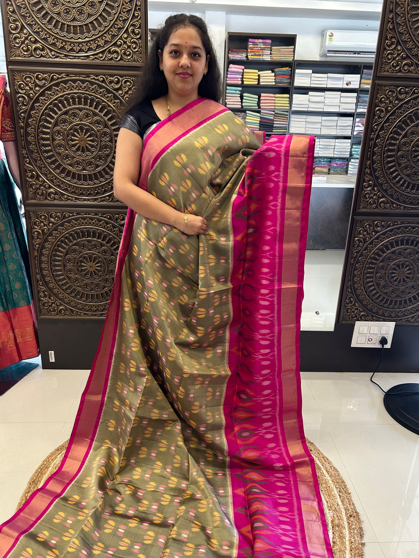 Ash Green with dark pink Ikkat pattern Pure Handloom Soft Silk Saree