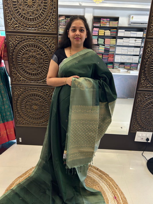 Forest Green with Sage Green Checked Pure Handloom Soft Silk Saree