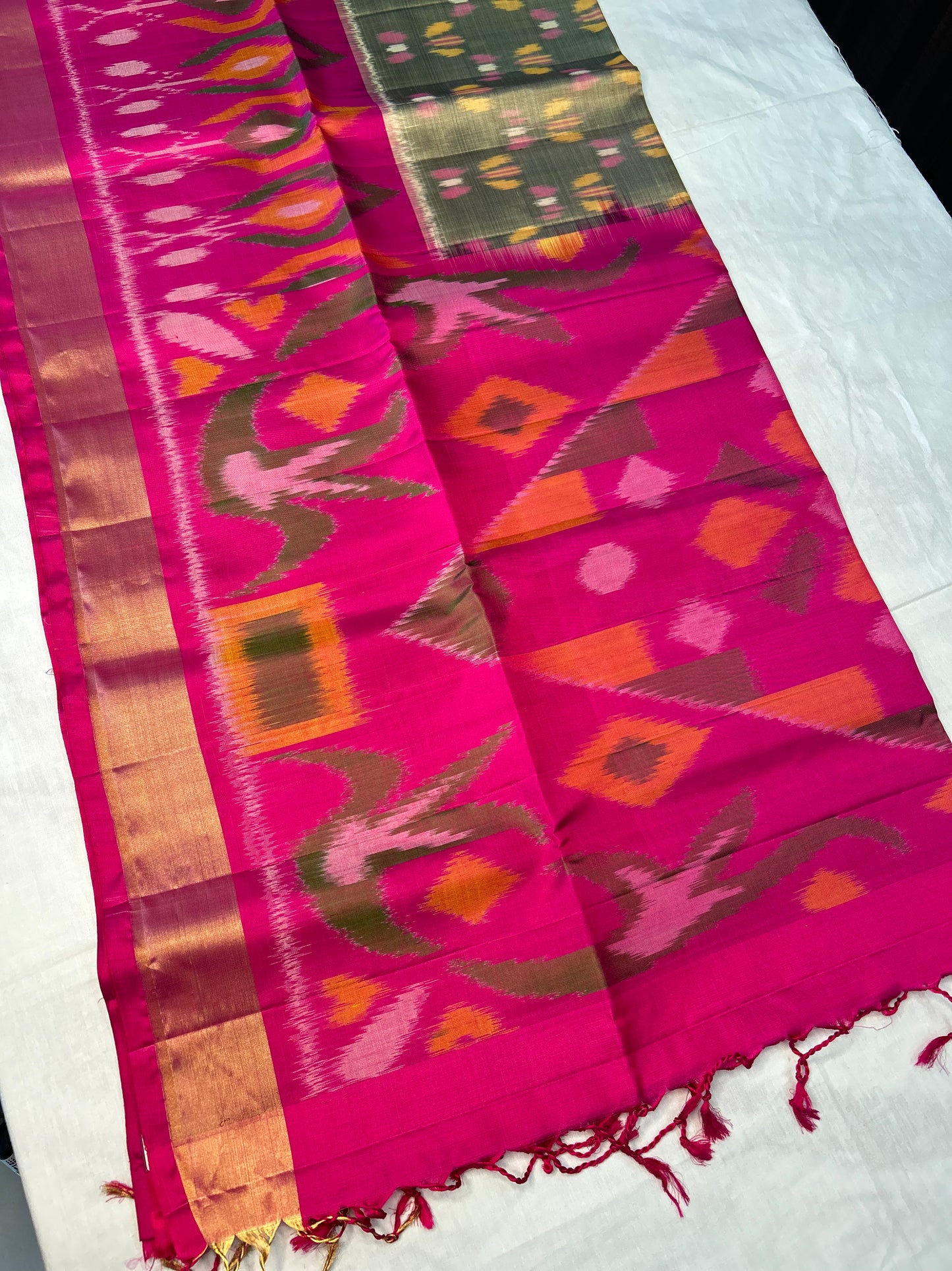Ash Green with dark pink Ikkat pattern Pure Handloom Soft Silk Saree