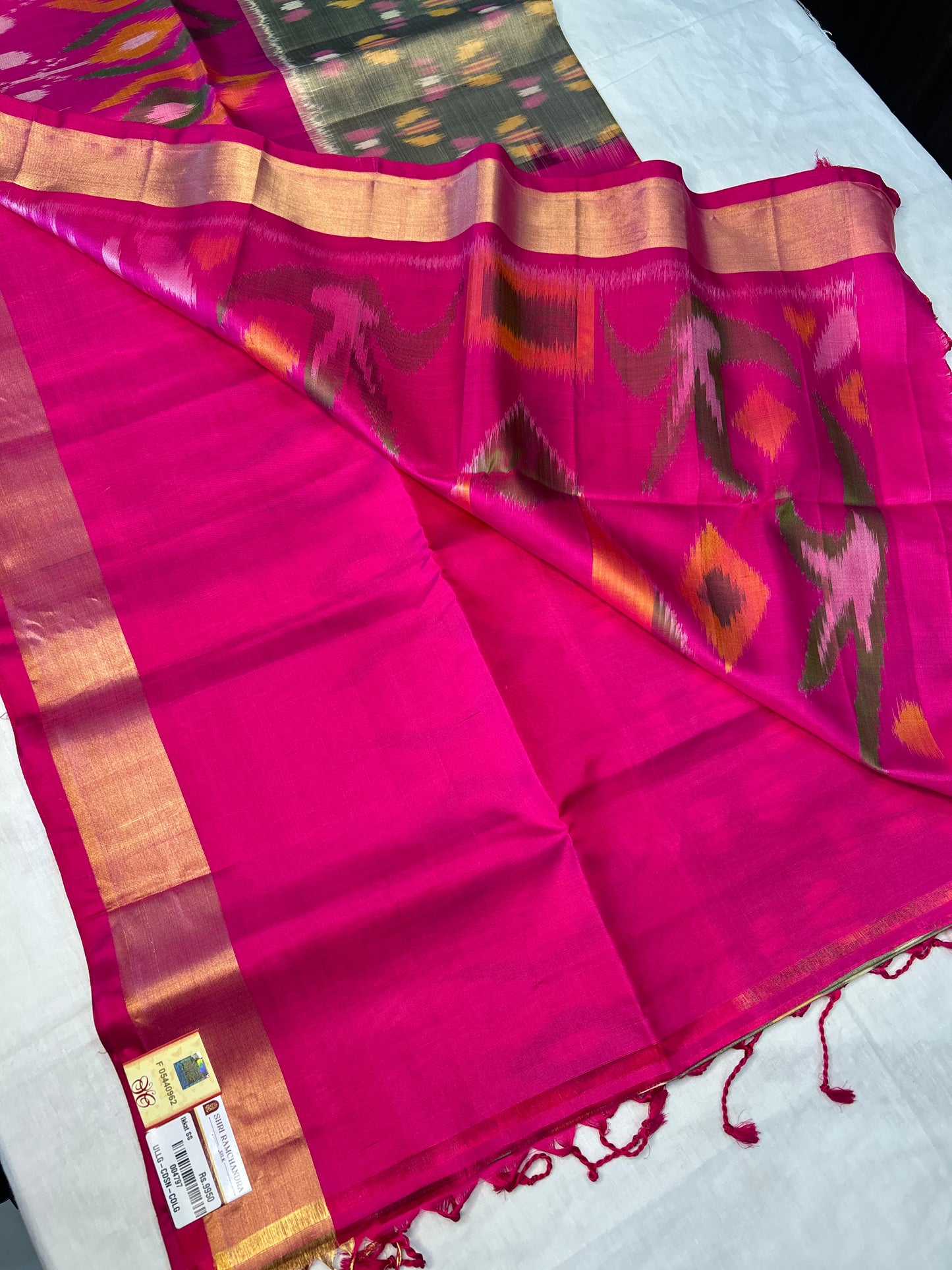 Ash Green with dark pink Ikkat pattern Pure Handloom Soft Silk Saree