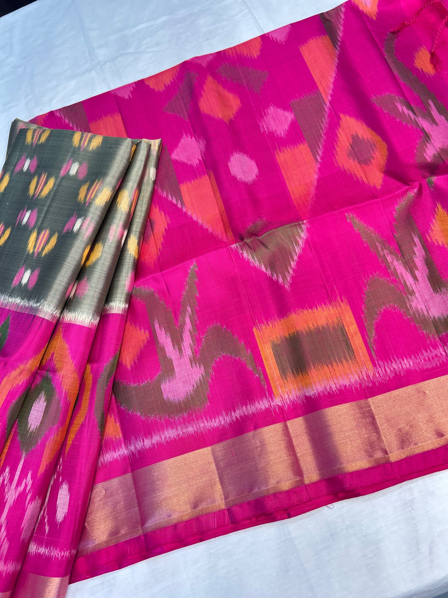 Ash Green with dark pink Ikkat pattern Pure Handloom Soft Silk Saree