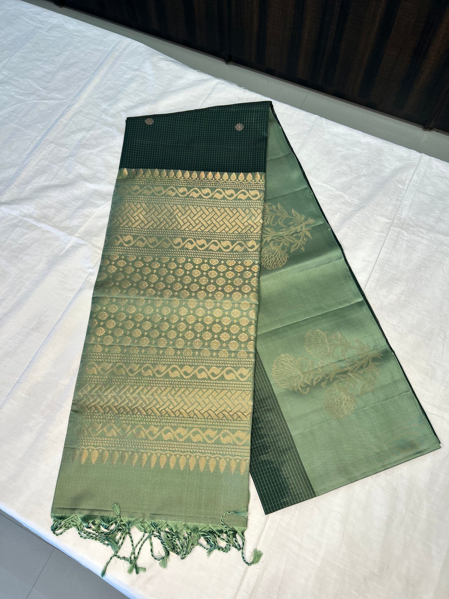 Forest Green with Sage Green Checked Pure Handloom Soft Silk Saree