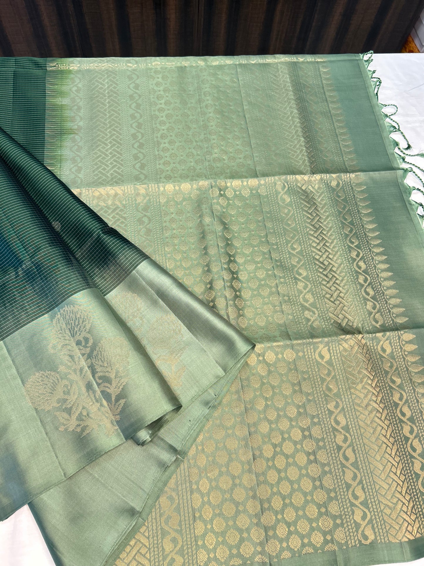 Forest Green with Sage Green Checked Pure Handloom Soft Silk Saree