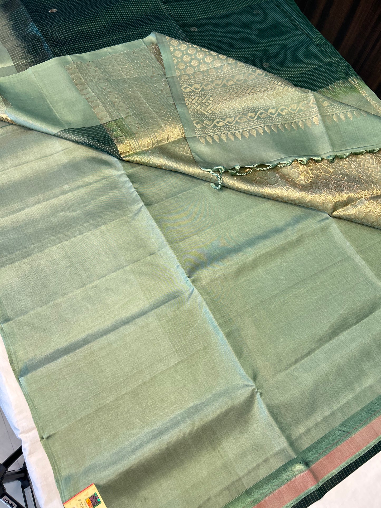 Forest Green with Sage Green Checked Pure Handloom Soft Silk Saree