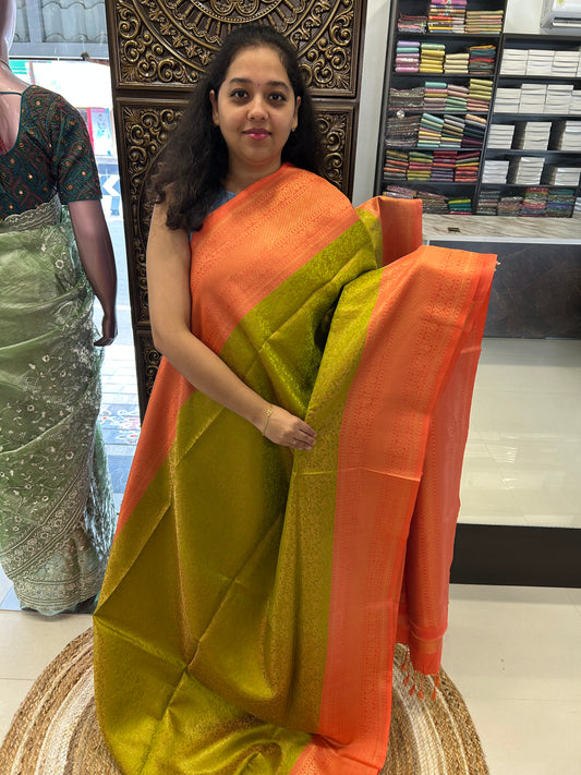 Mehendi Green with Salmon Pure Soft Silk Saree