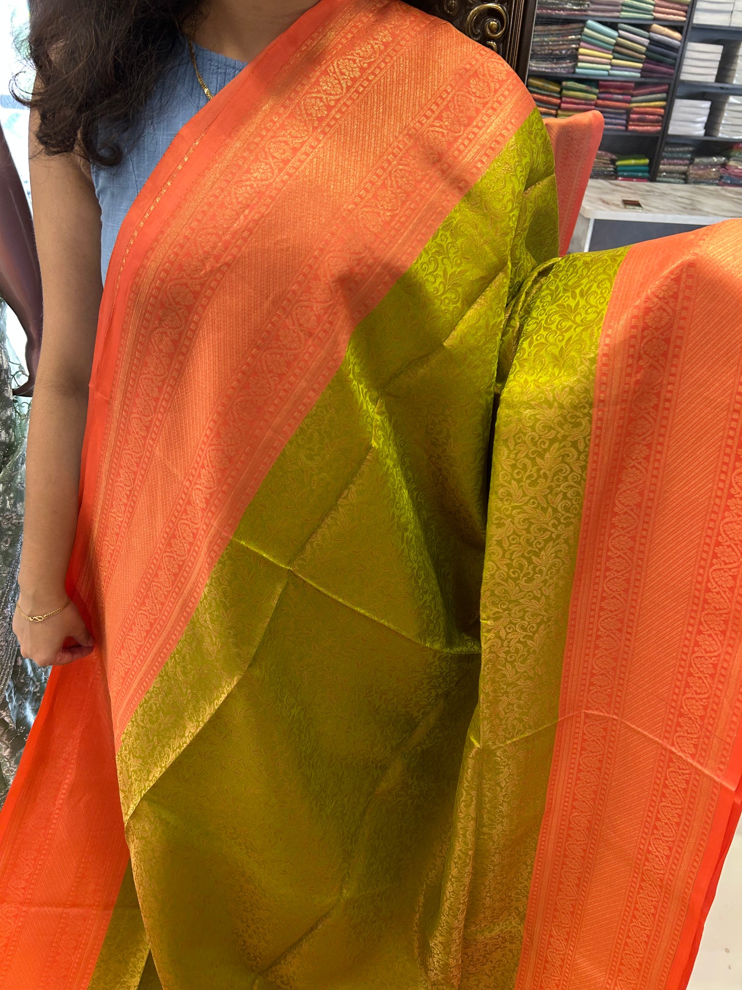 Mehendi Green with Salmon Pure Soft Silk Saree