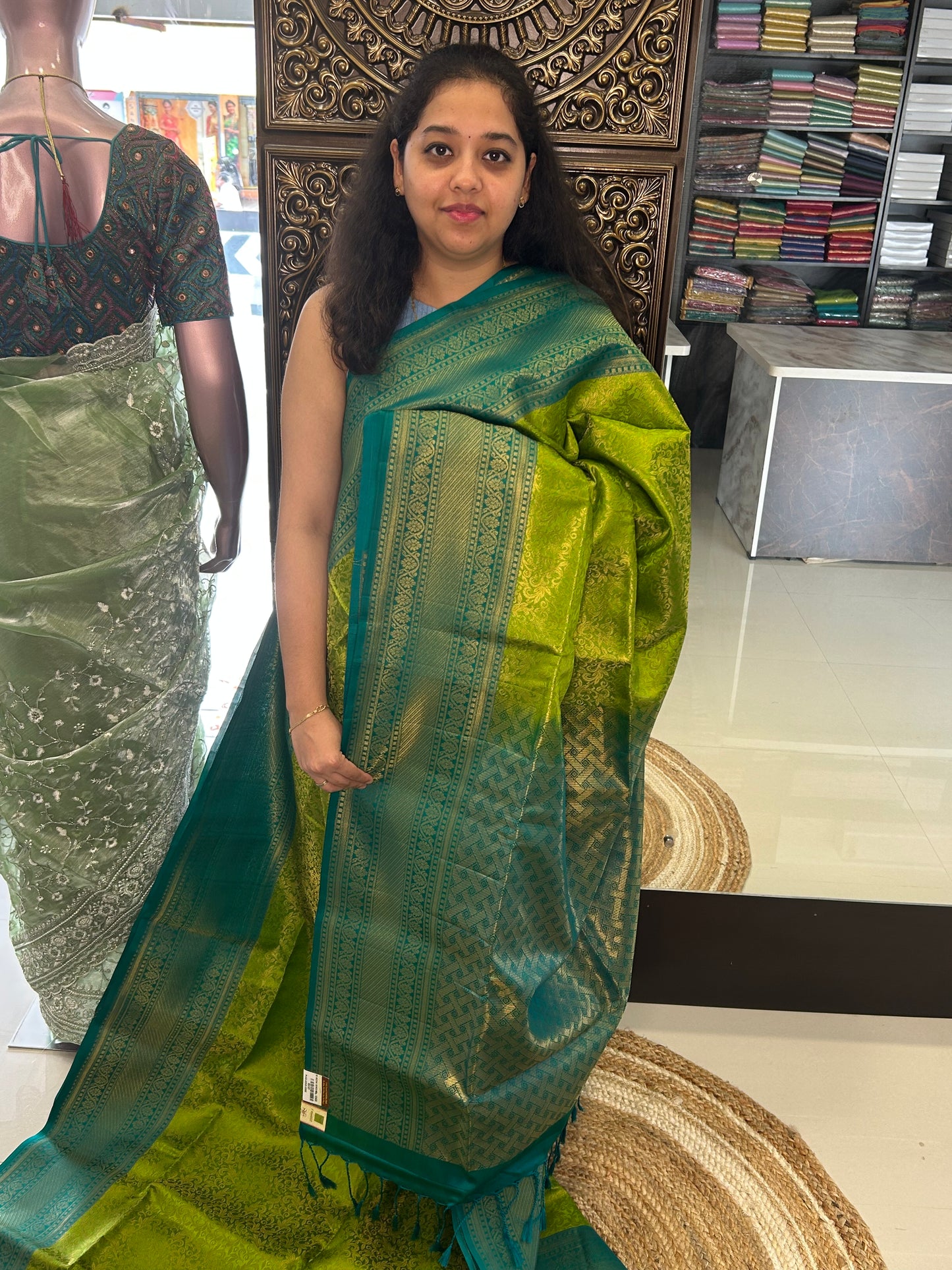 Regal Green with Dark Teal Pure Soft Silk Saree